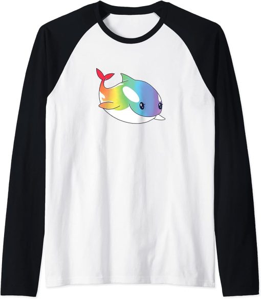 Cute Kawaii Rainbow Whale Shirt, Orca Lover Gift Raglan Baseball Tee