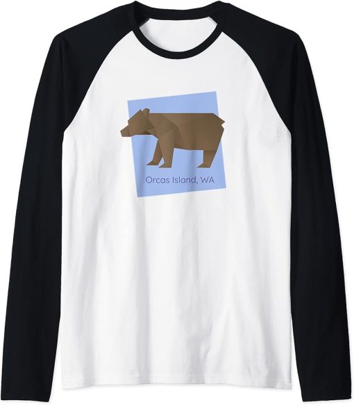 Orcas Island Brown Origami Bear Abstract Geometrical Animal Raglan Baseball Tee