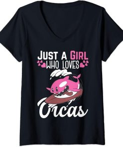 Womens Just a Girl who loves Orcas Killer whale Ocean funny Orca V-Neck T-Shirt