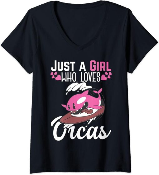 Womens Just a Girl who loves Orcas Killer whale Ocean funny Orca V-Neck T-Shirt