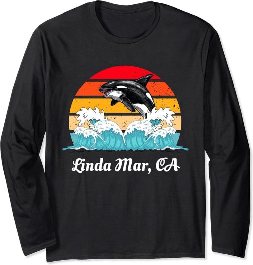 Vintage Linda Mar CA Distressed Orca Killer Whale Art Long Sleeve T-Shirt