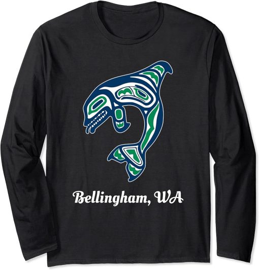 Blue Green Native American Bellingham WA Orca Killer Whale Long Sleeve T-Shirt